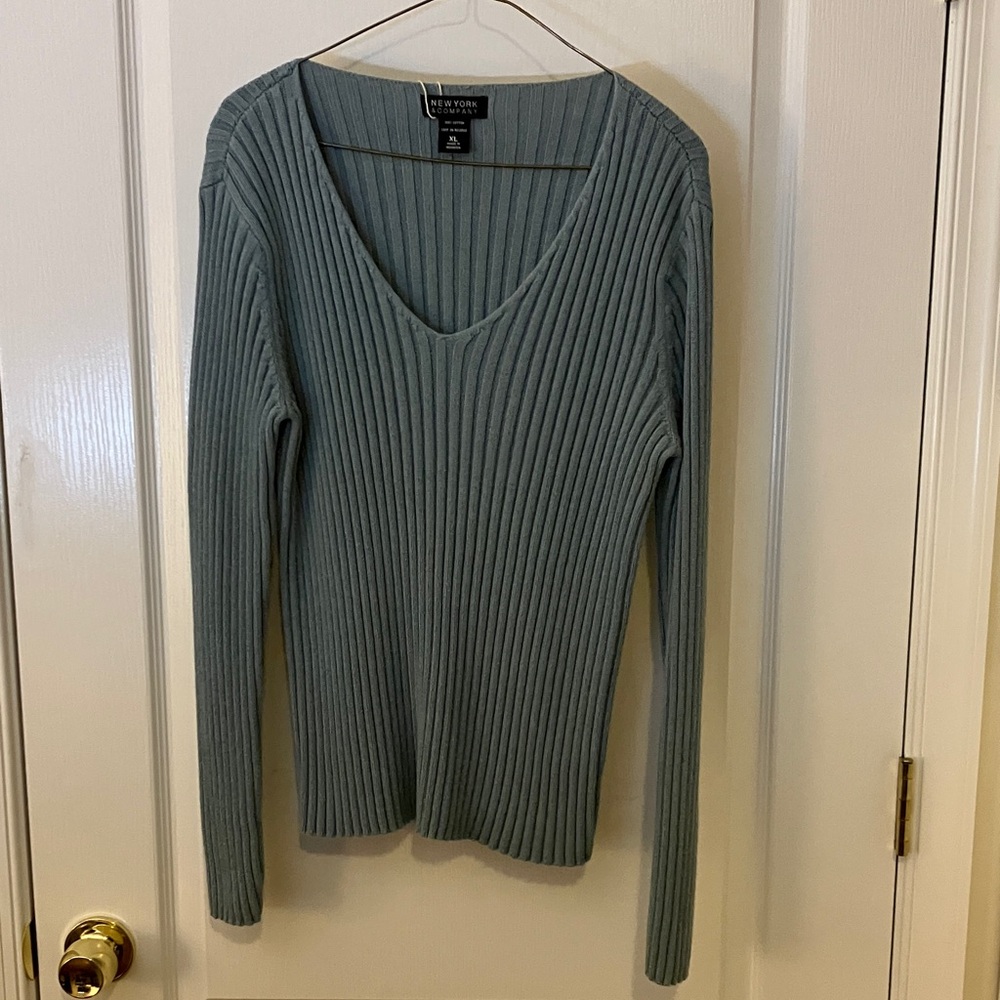 XL New York & Company Ribbed Knit V-Neck Sweater in Blue